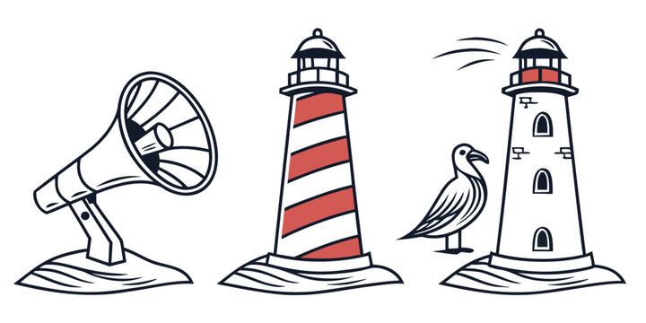 A black and white drawing of a satellite dish a lighthouse and a bird Vector