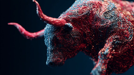A close-up of a textured red and black bull sculpture on a dark background