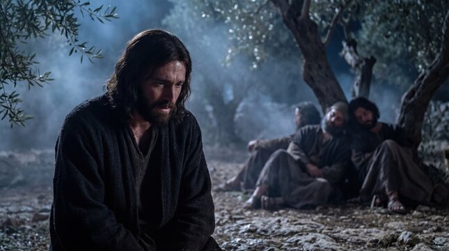 Man, Jesus Christ, praying in Gethsemane garden on Maundy Thursday. Biblical scene depicting his sorrow and struggle before crucifixion.
