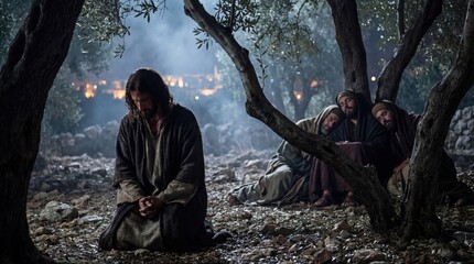 Jesus, a man, praying in Gethsemane garden with disciples sleeping nearby during Holy Week. Biblical scene for religious education.