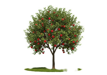 Vibrant apple tree, sturdy brown trunk, lush emerald foliage, ripe crimson red apples on green grass against transparent studio background, natural abundance concept
