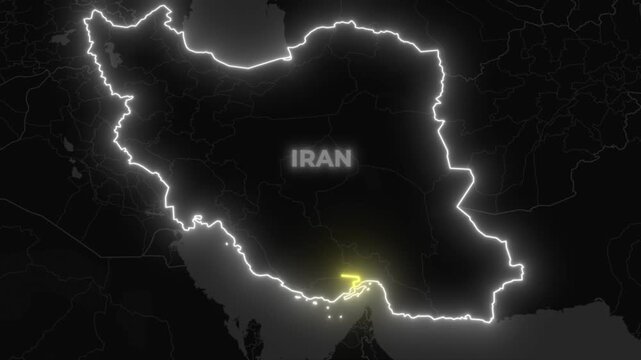 Iran Map Animation with Bandar Abbas City Highlight on Dark Map Background