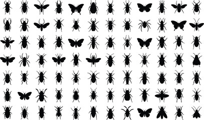 Black insect silhouettes vector illustration, diverse beetles, butterflies, spiders, arthropods, educational entomology artwork, nature study, detailed morphology design © Mozibur