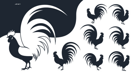 Fototapeta premium Rooster Silhouette Pattern Collection With Dynamic Farm Bird Shapes And Decorative Repeat Layout 