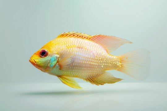 A vibrant golden ram cichlid glides gracefully, its scales shimmering in the aquatic light, a testament to nature's artistry.