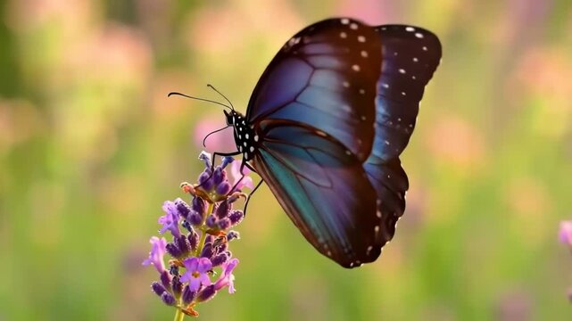 Close-up of a beautiful blue morpho butterfly resting on a lavender flower in a sun-drenched field, soft bokeh background, peaceful nature scene