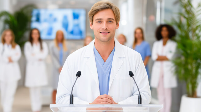 Male doctor standing at a podium with microphones for a press conference. Medical team background in a modern hospital