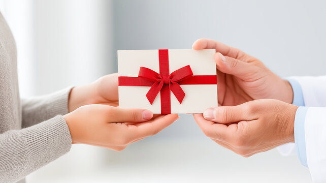 Doctor giving a gift card to a patient. Close up of hands holding a white envelope with red ribbon. Healthcare loyalty program or bonus concept