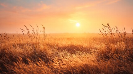 Golden Hour Serenity: A field of golden grass sways gently in the wind under a warm, radiant sky, capturing the tranquil essence of a serene sunset.