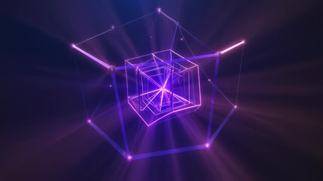 Seamless Loop of Abstract Hypercube Rotating with Glowing Neon Lines.