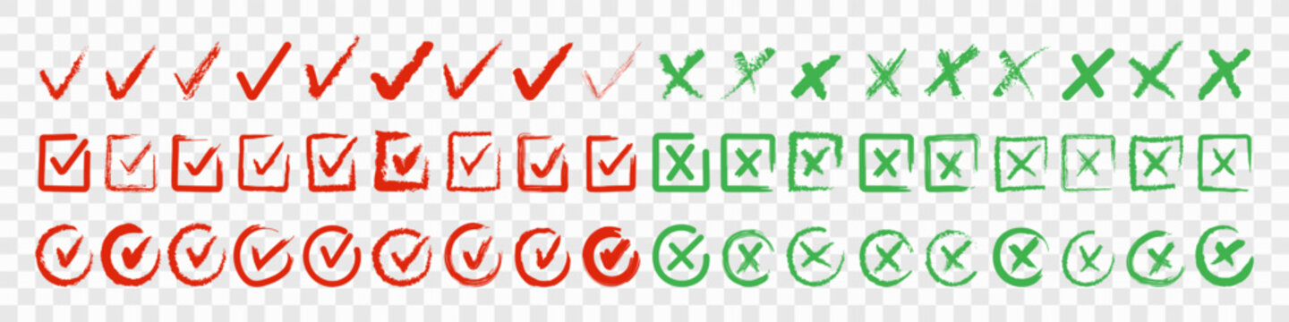 Grunge crayon drawn check and cross symbols set. Green and red hand drawn chalk strokes with rough texture. Vector marks for right and wrong choice, checkboxes and graphic design.