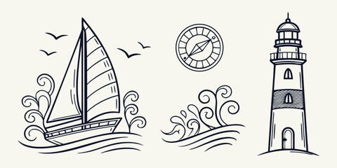 A sailboat, waves, seaweed, compass and lighthouse by the sea Vector © MST CHIN BANU BEGUM