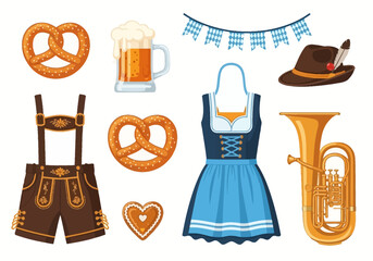 Oktoberfest illustration with traditional Bavarian clothing food and music items