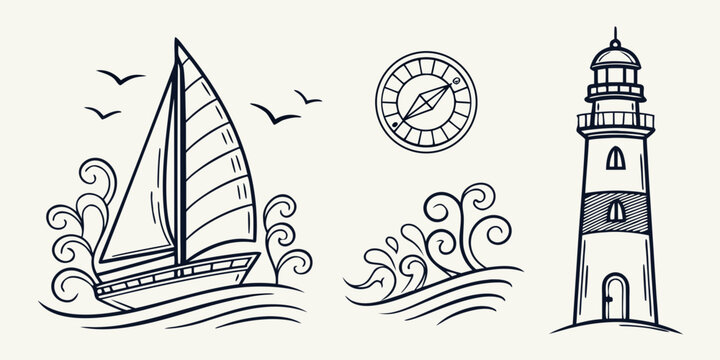 A sailboat, waves, seaweed, compass and lighthouse by the sea Vector