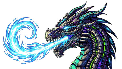 Cyberpunk Dragon Breathing Blue Energy isolated on a transparent background