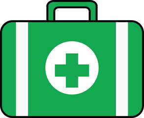Obraz premium Green first aid kit with white cross symbol and black outline medical bag