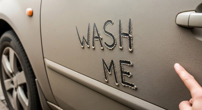 Dirty Car with 'WASH ME' written in the grime, demanding a cleaning