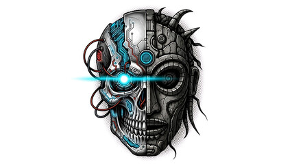 Cyberpunk Skull with Circuitry and Blue Laser Eye isolated on a transparent background
