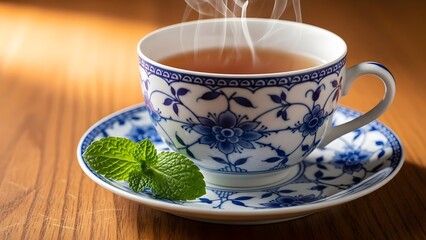 Steaming cup of herbal tea on a wooden table