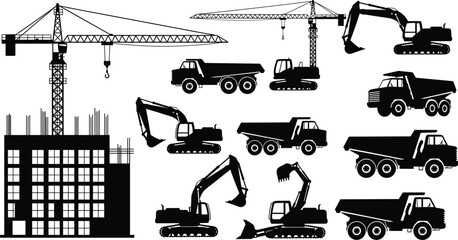 Construction equipment silhouettes collection, cranes excavators dump trucks and building isolated on whiteConstruction equipment silhouettes collection, cranes excavators dump trucks  © Mojammel
