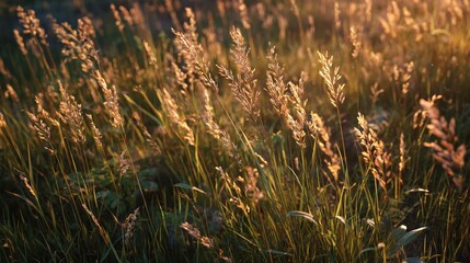 Golden Hour Grass: Delicate blades of grass sway gently in a field, bathed in the soft, warm light of the golden hour.