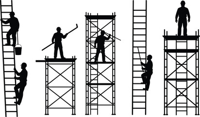 Construction worker silhouettes on scaffolding, ladder climbing and building maintenance vector setConstruction worker silhouettes on scaffolding, ladder climbing and building maintenance vector set © Mojammel