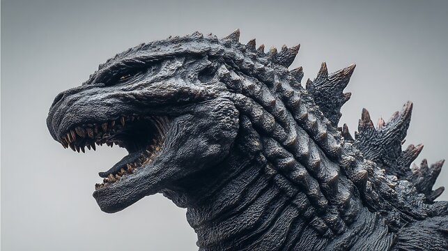 Close-up of a fearsome monster's head, showing scales, spikes, and open jaws