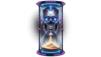 Futuristic Skull Inside Hourglass with Sand Flow isolated on a transparent background
