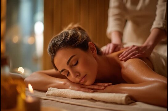 Relaxed woman lying face-down on massage table while therapist hands glide across oiled upper back, cinematic candlelit spa room with warm bokeh candles and shallow depth of field