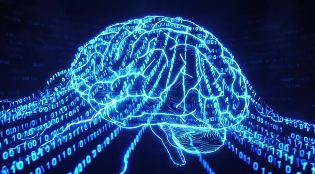 Digital brain with glowing circuits against binary code background  