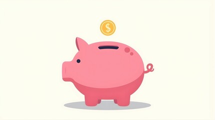 Obraz premium A cartoon pink piggy bank with a golden dollar coin dropping into its slot, isolated on a clean white background for financial concepts.