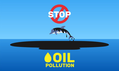 stop oil pollution poster with jumping dolphin banner design vector illustration 