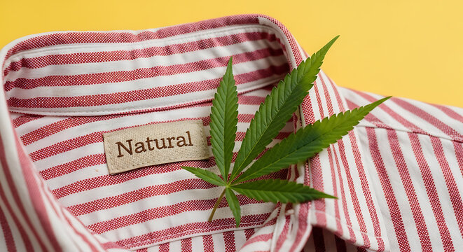 Natural hemp leaf on clothing label that says natural with striped shirt background