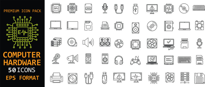 Computer hardware line icon set. PC components and technology equipment outline collection. CPU, GPU, storage devices and electronic parts symbols in EPS format.