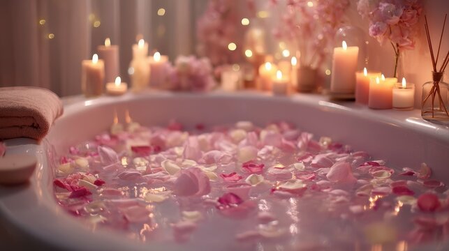 luxurious bathtub filled with rose petals in water, warm candlelight, romantic calming mood, elegant pink tones, bokeh lights, serene wellness, self-care, Valentine's Day gift, relaxation, home spa.