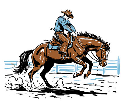 Dynamic Cowboy Horseback Rider in Western Hat, vintage comic book style hand drawn sketch illustration for rodeo event poster or logo.