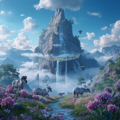 Majestic Fantasy Mountain Landscape with Waterfalls and Wild Animals