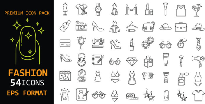 Fashion premium icon pack. Clothing, accessories, beauty and style symbols in outline design. Clean vector icons for boutique branding, fashion apps and ecommerce projects.