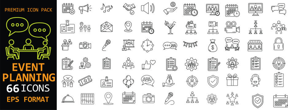Event planning premium icon pack. Conference, celebration and management symbols in outline style. Clean vector icons for scheduling, organization and professional event coordination.