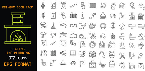 Fototapeta premium Heating and plumbing premium icon pack. Home maintenance and HVAC line symbols. Pipes, boilers, radiators and water systems. Clean outline EPS vector set.
