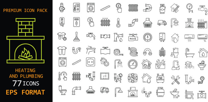 Heating and plumbing premium icon pack. Home maintenance and HVAC line symbols. Pipes, boilers, radiators and water systems. Clean outline EPS vector set.