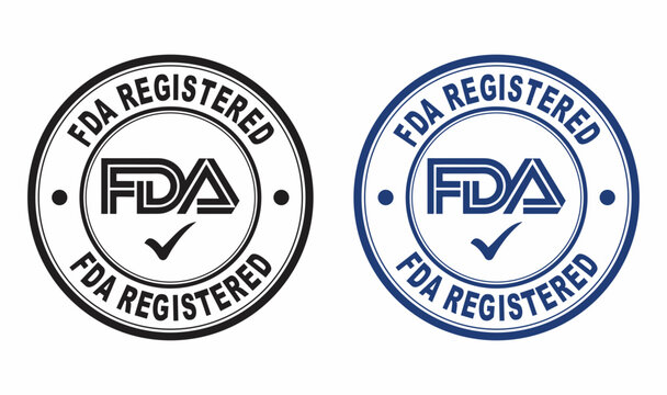 FDA Registered Certification Badge Vector - Official Regulatory Approval Seal Icon Set with Checkmark in Black and Blue - Scalable Medical Device Pharmaceutical Product Compliance Logo Design