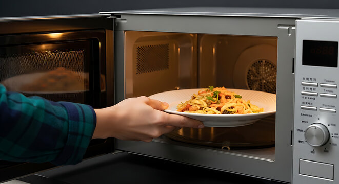 Conveniently warming a delicious meal Hand placing a fresh plate of food into a modern microwave oven