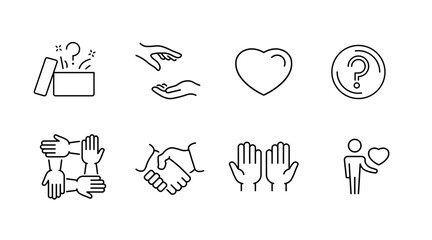 Fototapeta premium Collection of minimalist icons: giving, helping hands, heart, puzzle, unity