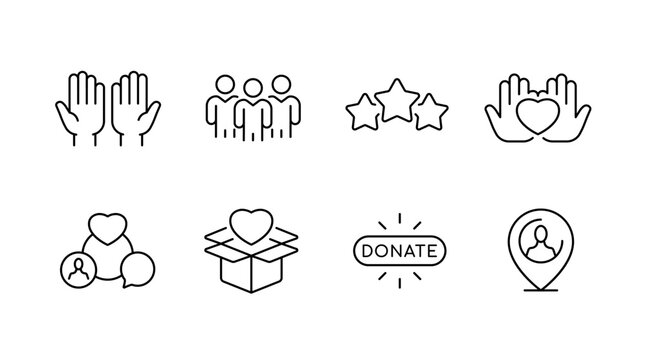 Charity and volunteer icons set illustrating donation, community, and support concepts