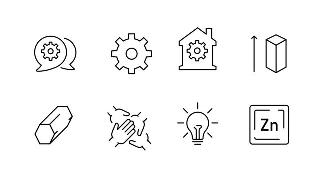 Technology and innovation icons: gear, growth, house, hands, light bulb, zinc, crystal