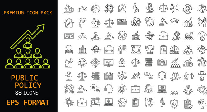 Public policy premium icon pack. Government, economy and social development line symbols. Law, finance and governance concepts. Clean outline EPS vector set.