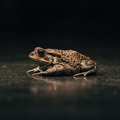 A large, warty toad rests motionless on a flat, damp surface, showcasing its horizontal body posture in the natural habitat environment ,zoology ,bumpy ,wild
