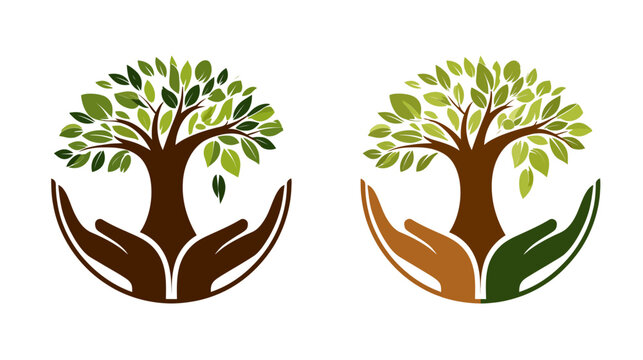 Tree in cupped hands logo concept. Symbol of nature protection, environmental care, growth, sustainability, and organic life.