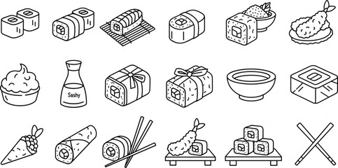 Japanese Sushi Food Outline Icon Set with Rolls, Nigiri, Sashimi, Chopsticks, and Traditional Asian Cuisine Symbols © MstBobita